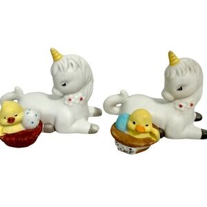 2 Vintage Ceramic Unicorn & Chick Figurines Set of Easter Decor Taiwan 1980s 3"